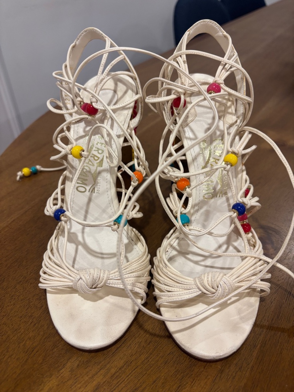 Salvatore Ferragamo Cream Lace-Up Beaded Heels